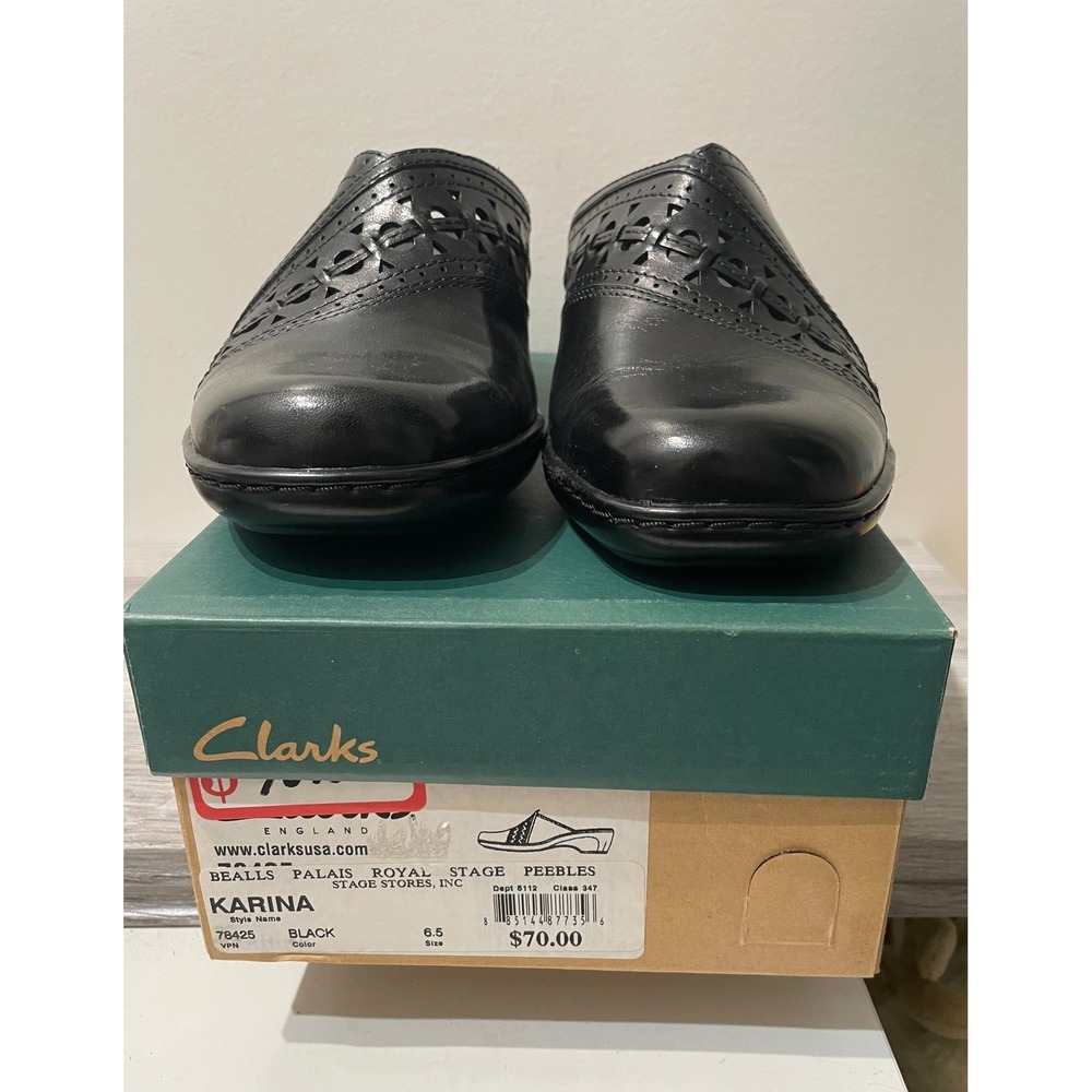 Clarks Karina Black Leather Mules Laser Cut Slip On Clogs Womens‎ 6.5 NEW
